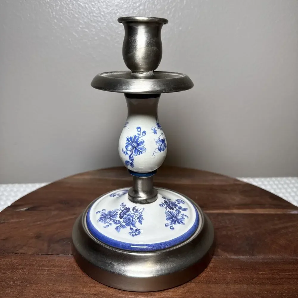 Vintage I.M. Schaffer Brooklyn Blue White Floral Ceramic Metal Candlestick MCM